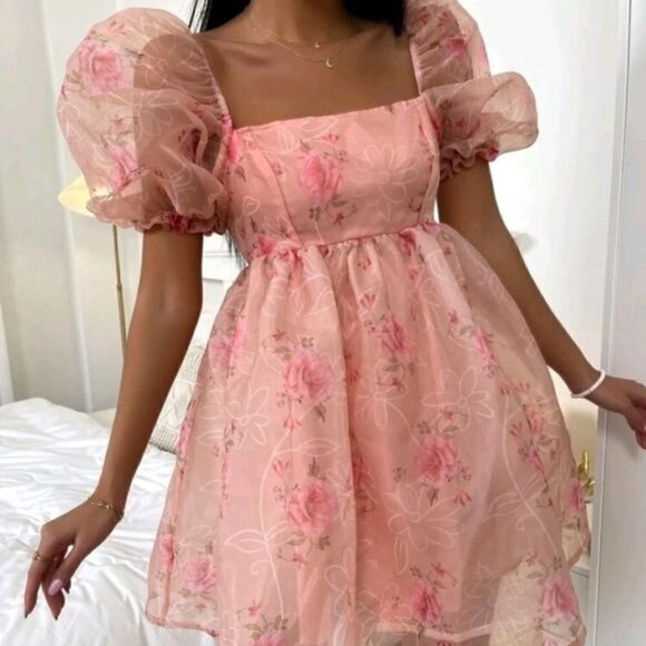 CORAL FLORAL BOHEMIAN ORGANZA DRESS - Picture 1 of 14